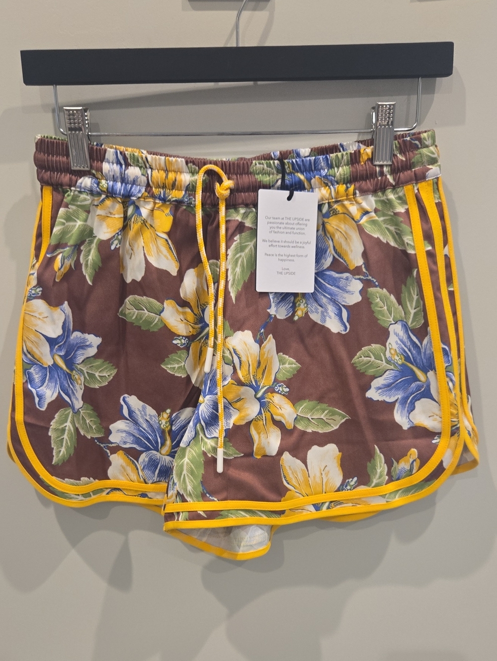 NWT The Upside Floral Drawstring Women’s Track  Shorts in Brown and Yellow. Med
